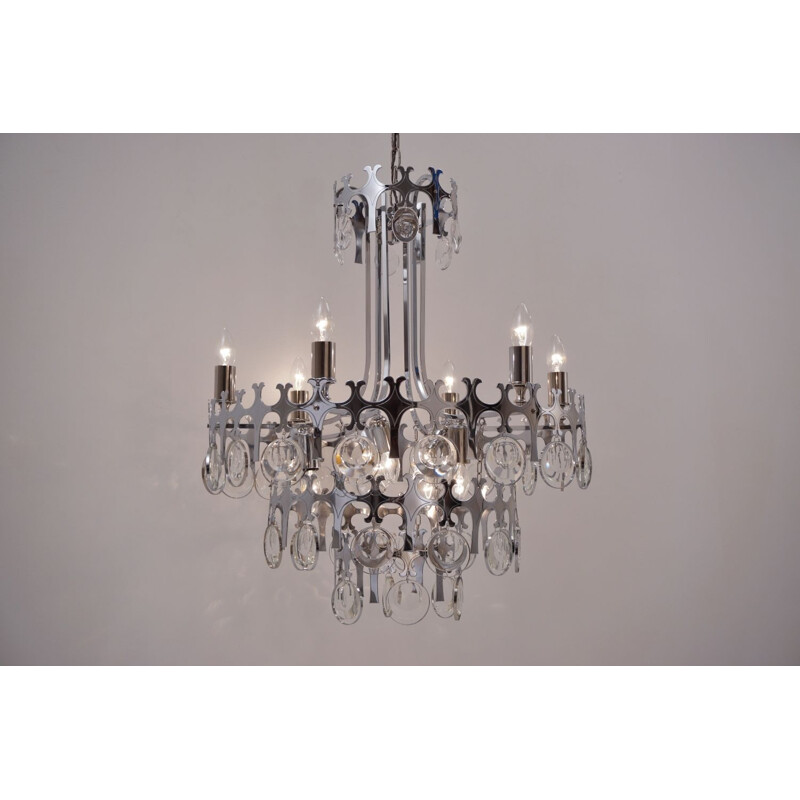 Sciolari chandelier ’Ovali’ 12 lights, silver with optical crystals, 1970’s ca, Italian