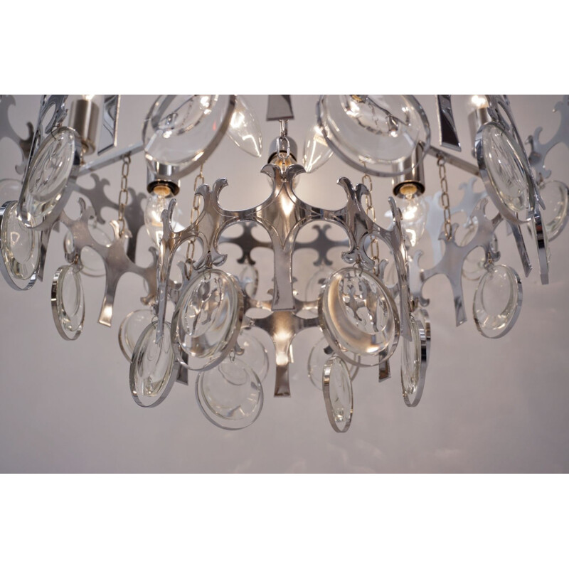 Sciolari chandelier ’Ovali’ 12 lights, silver with optical crystals, 1970’s ca, Italian