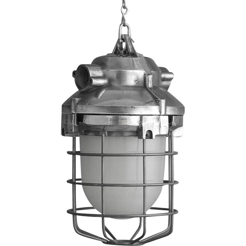 Industrial hanging lamp in steel and glass - 1950s