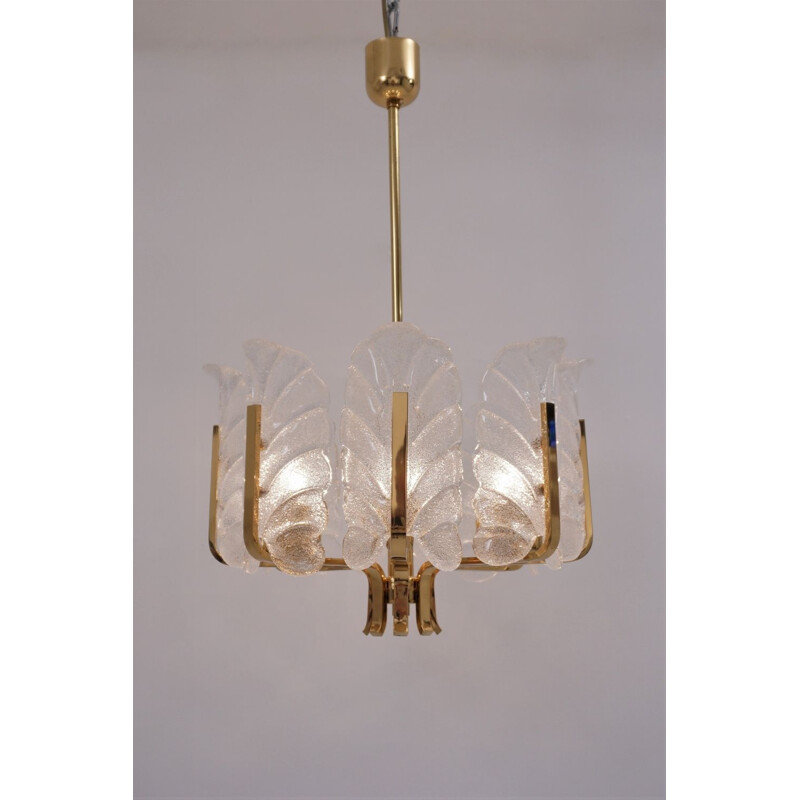 Chandelier glass vintage leaves brass 8 light Sweden Carl Fagerlund Orrefors 1960s