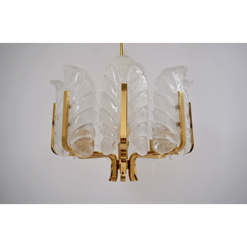 Chandelier glass vintage leaves brass 8 light Sweden Carl Fagerlund Orrefors 1960s