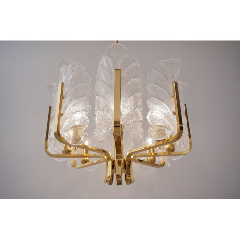 Chandelier glass vintage leaves brass 8 light Sweden Carl Fagerlund Orrefors 1960s