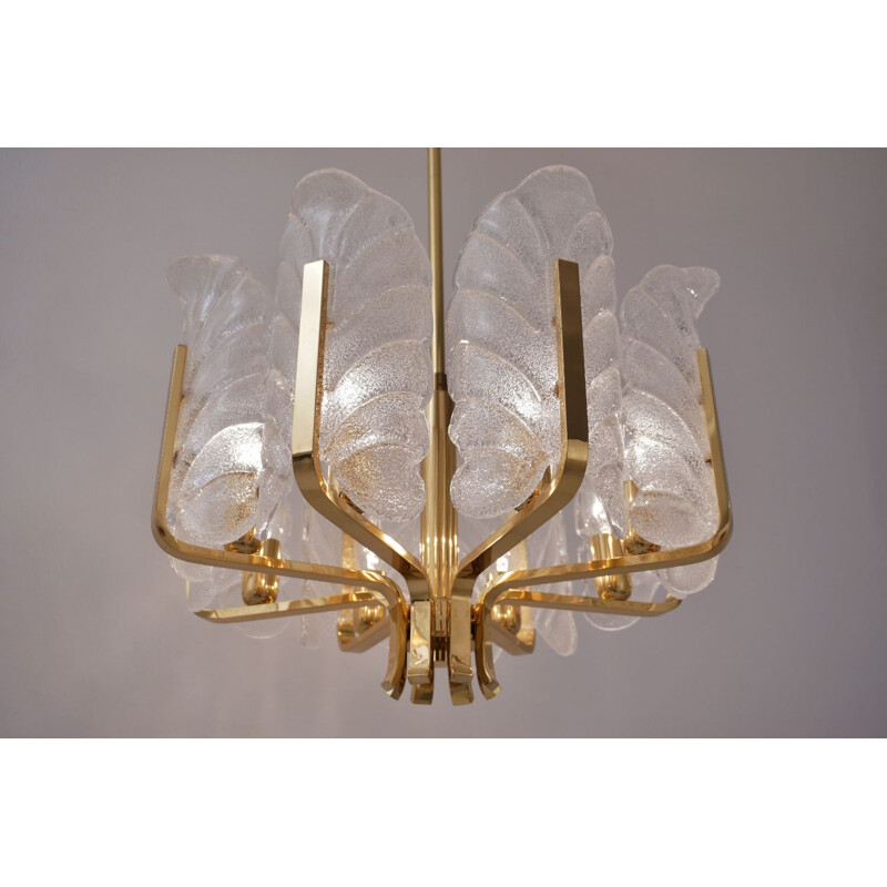 Chandelier glass vintage leaves brass 8 light Sweden Carl Fagerlund Orrefors 1960s