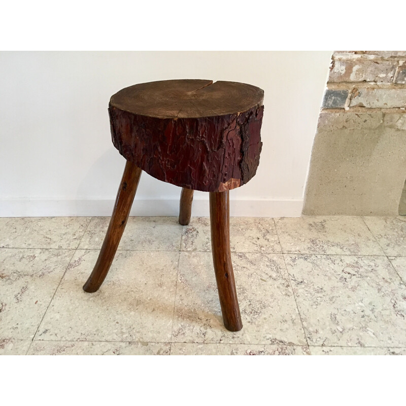 Vintage Tripod Stool Brutaliste Rondin