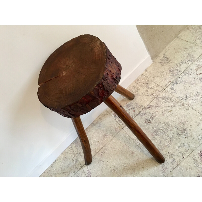 Vintage Tripod Stool Brutaliste Rondin