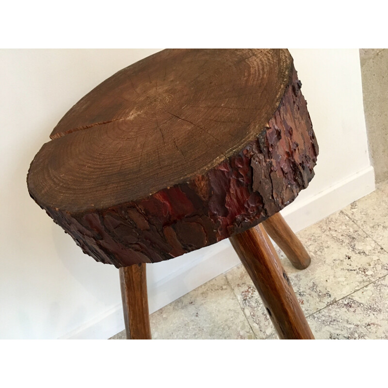 Vintage Tripod Stool Brutaliste Rondin