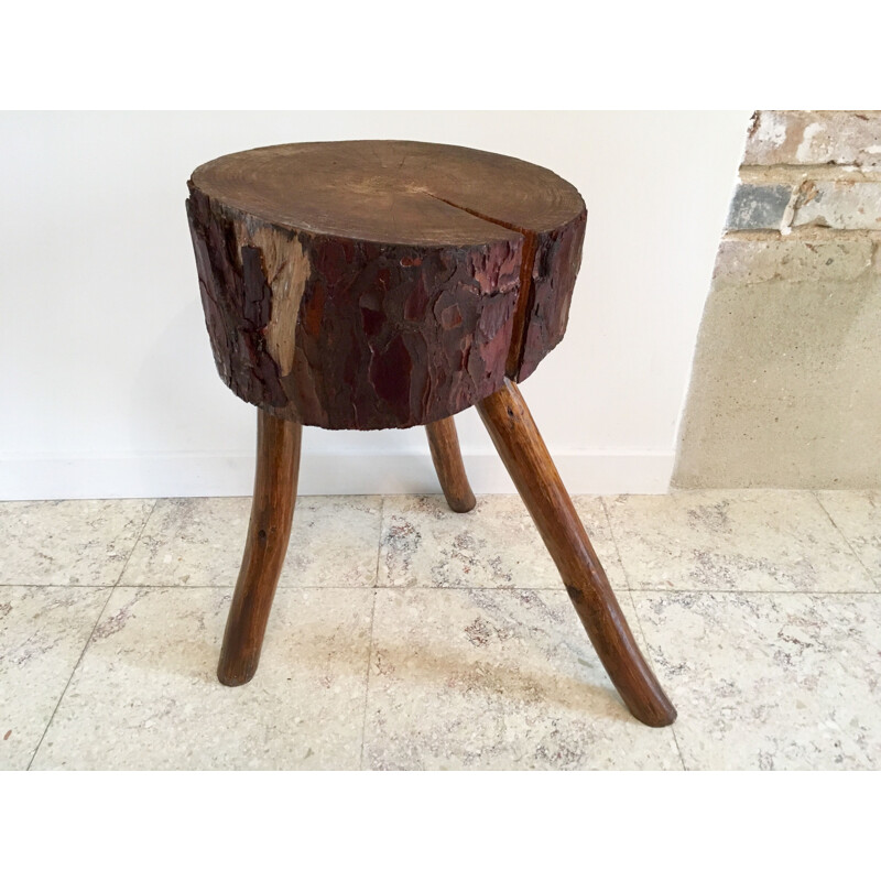 Vintage Tripod Stool Brutaliste Rondin