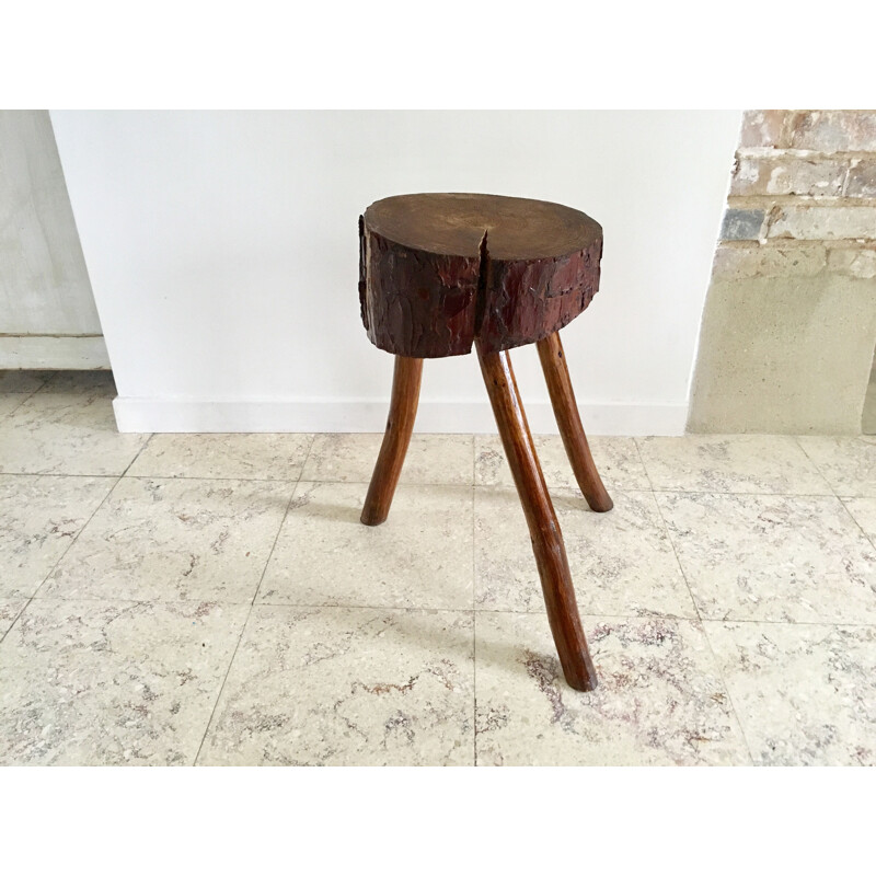 Vintage Tripod Stool Brutaliste Rondin