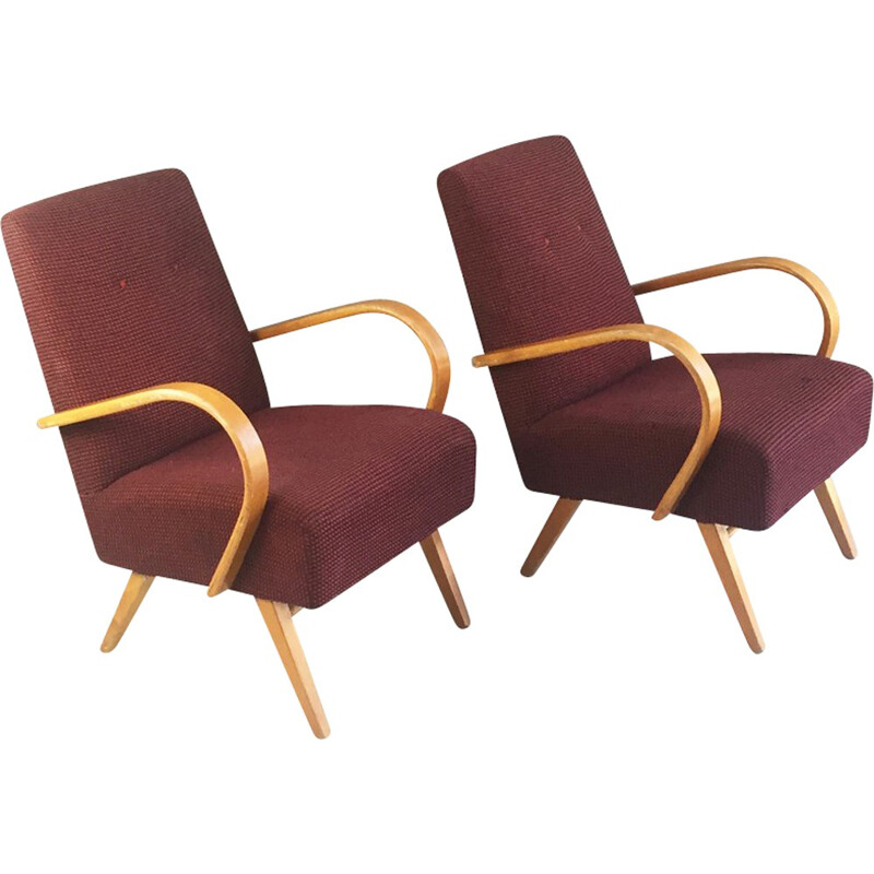 Spojene UP Zadovy pair of Czech chairs in beechwood and woollen fabric, Jindrich HALABALA - 1960s