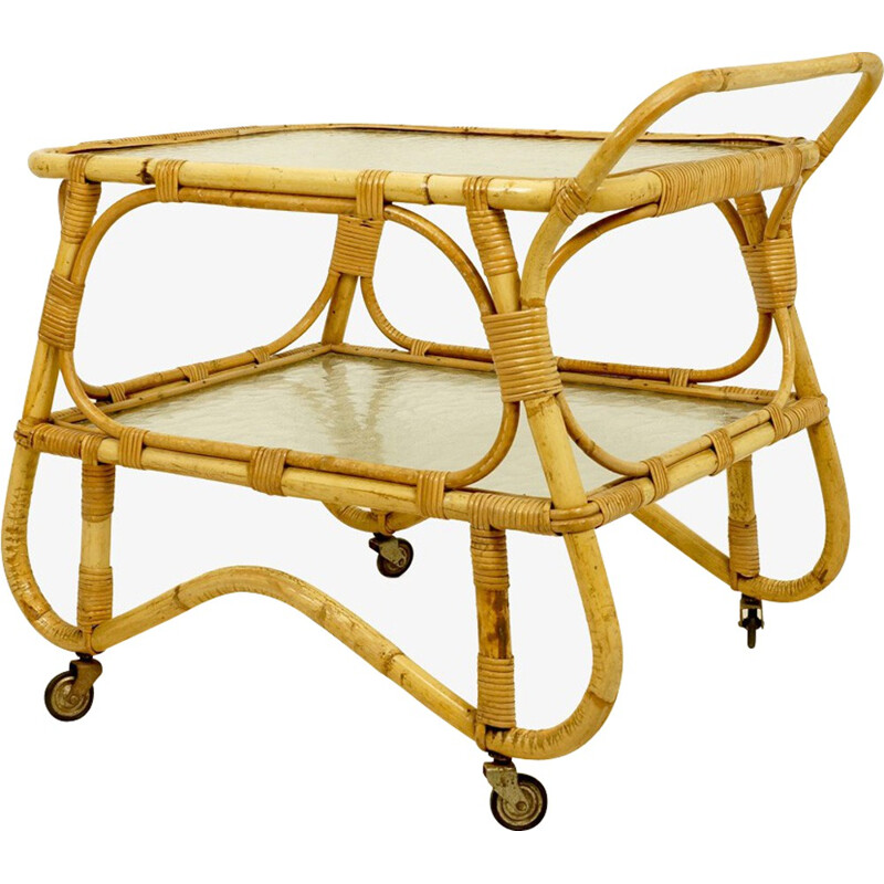 Rohe Noordwolde kitchen trolley in rattan and glass trays - 1960s