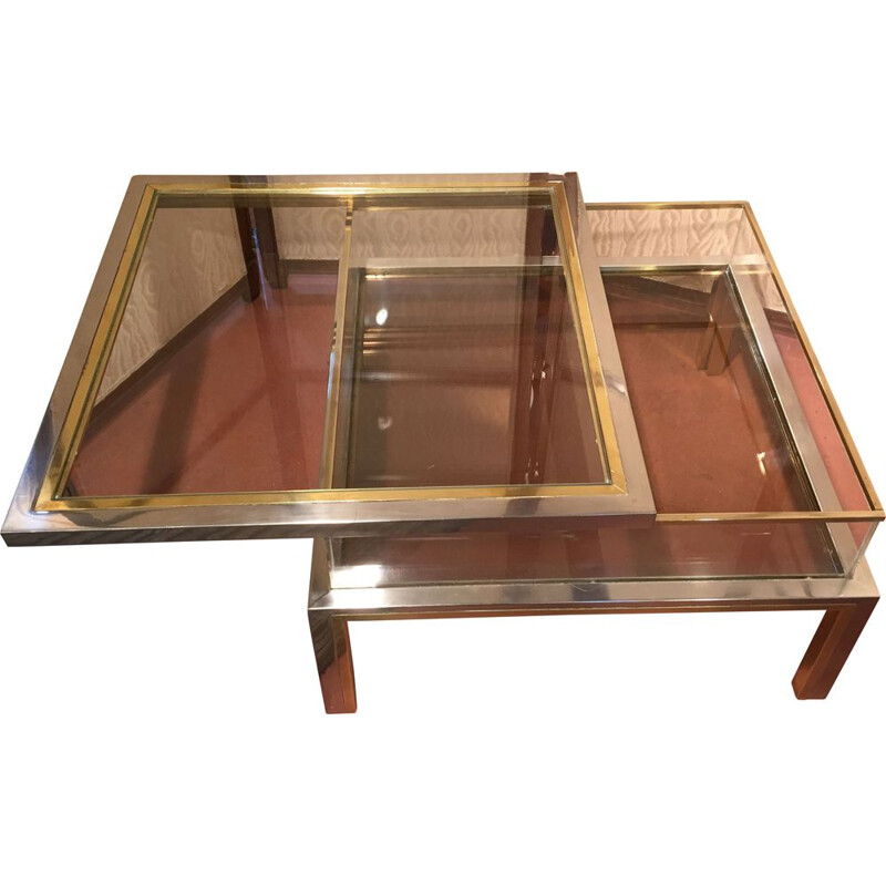 Vintage coffee table by Romeo Rega in chromed steel and gilded brass