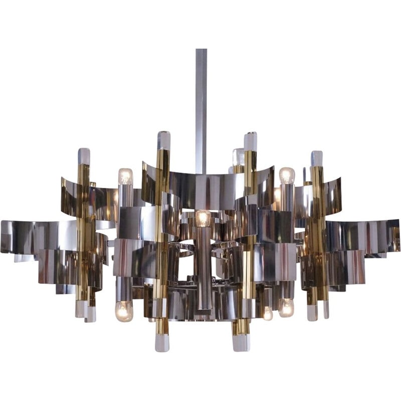 Sciolari chandelier ’Futura’12 lights, brass, chrome & Lucite, 1970’s Italian