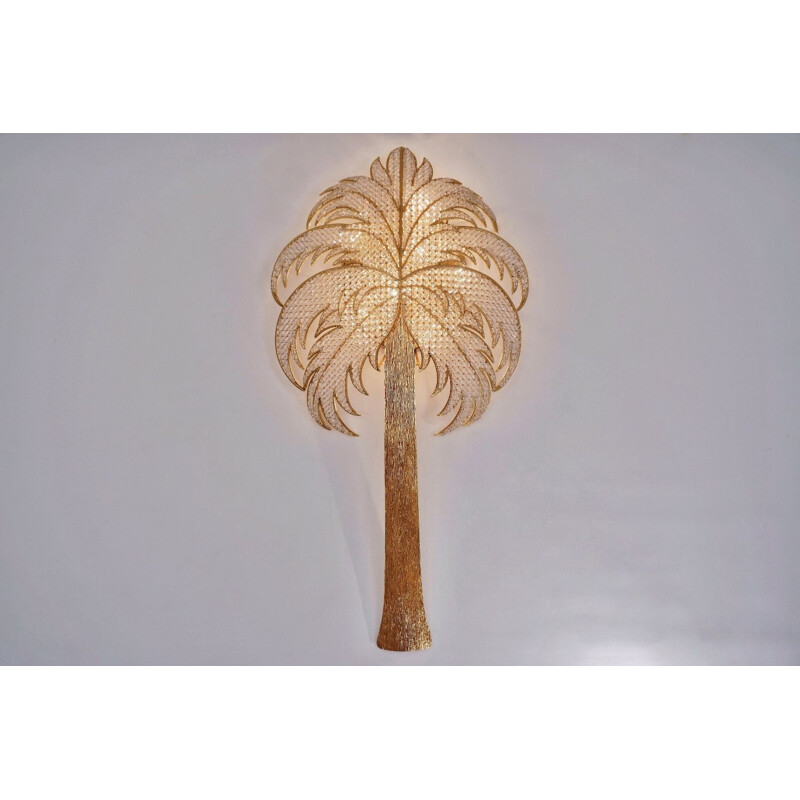 Palm, crystal and brass wall light, Palwa, 1970