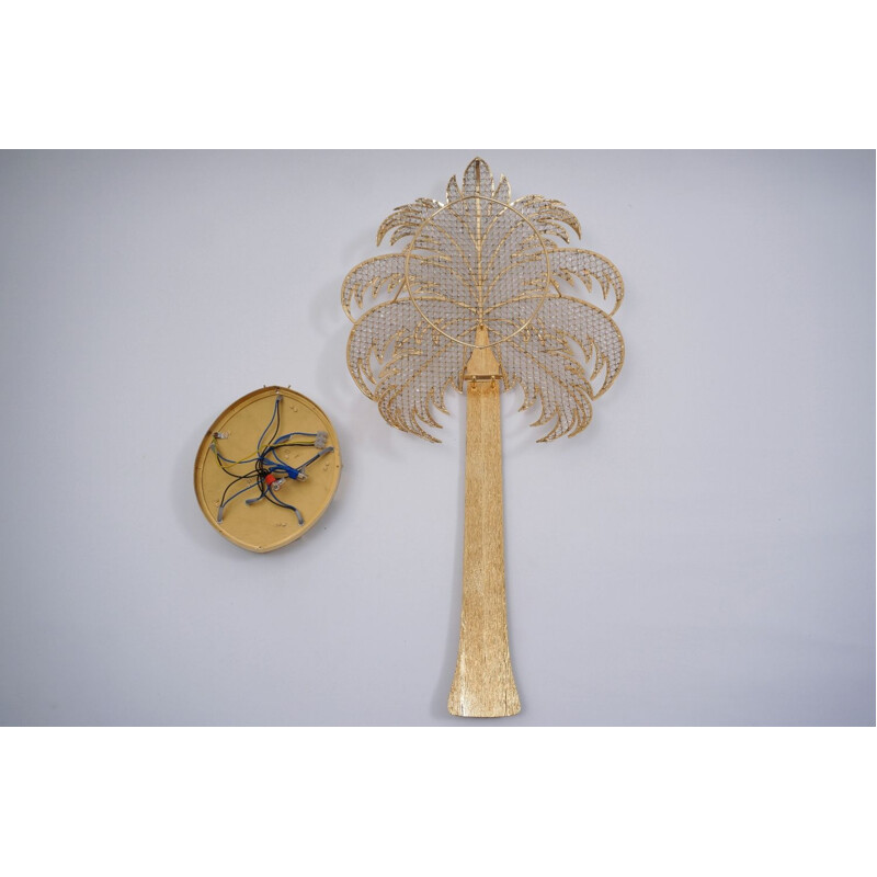 Palm, crystal and brass wall light, Palwa, 1970