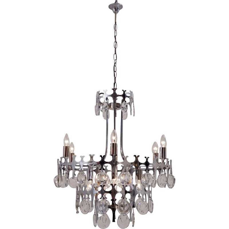 Sciolari chandelier ’Ovali’ 12 lights, silver with optical crystals, 1970’s ca, Italian