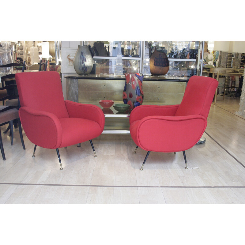 Pair of Italian red fabric armchairs - 1950s