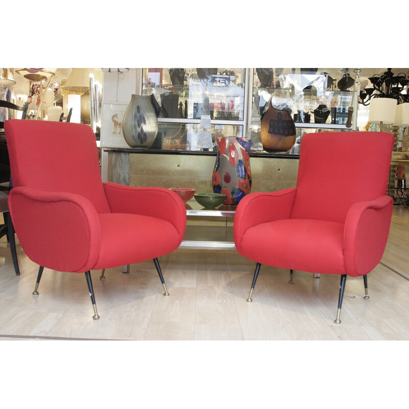 Paire de fauteuils rouges italiens en bois, métal et tissu - 1950