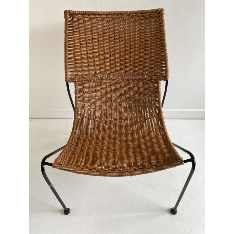 Chaise vintage en fil de fer et rotin par Frederick Weinberg, États-Unis, 1970