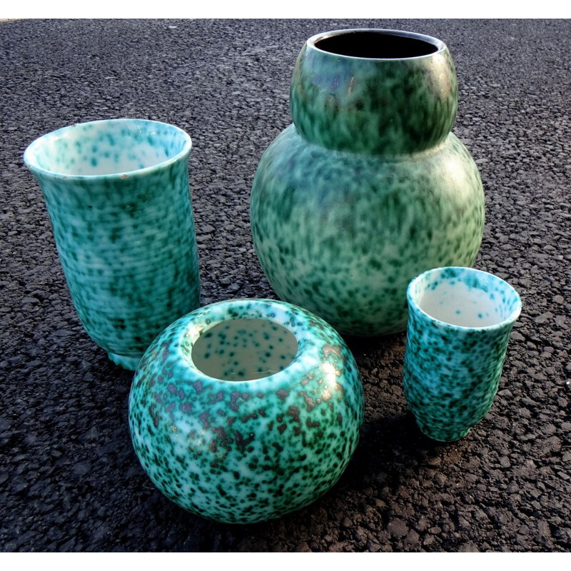 Ensemble de 4 vases vintage en céramique mouchetée par Elchinger