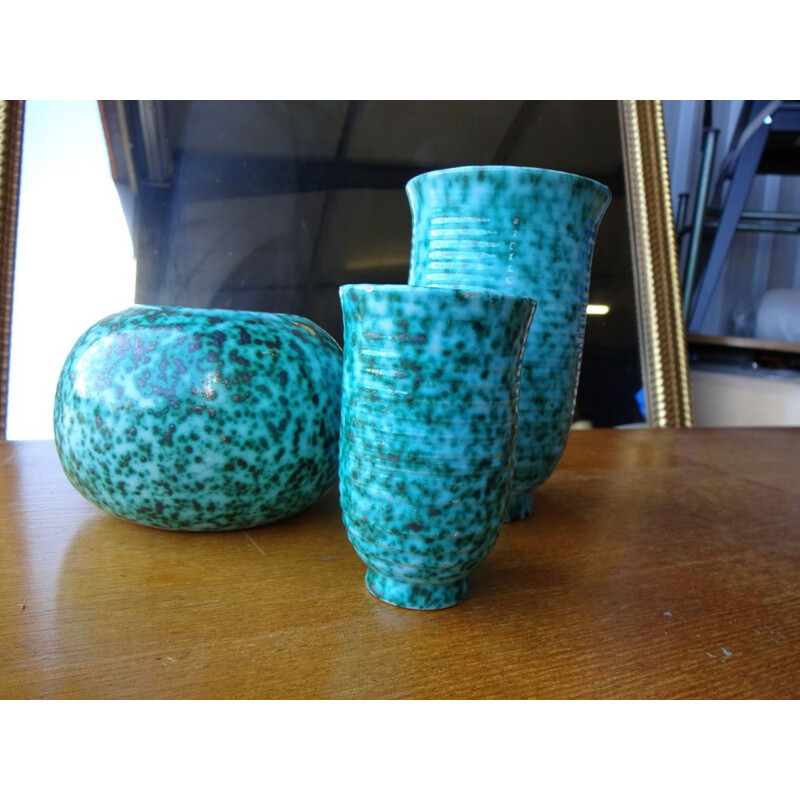 Set of 4 vintage speckled ceramic vases by Elchinger