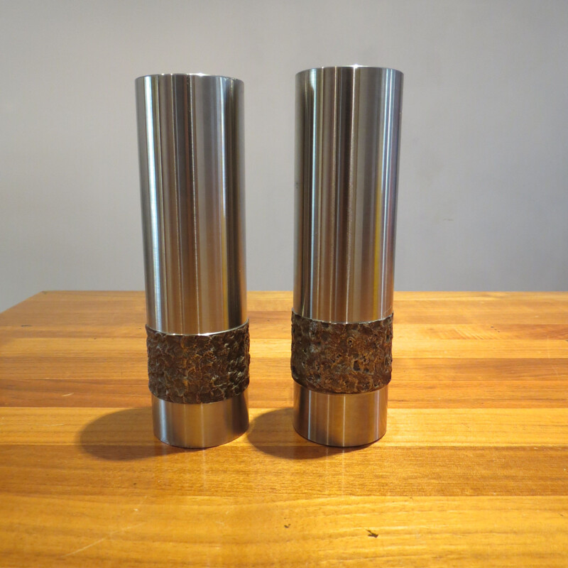 Pair of vintage Metal Brutalist Stainless Steel Vases German 1970s