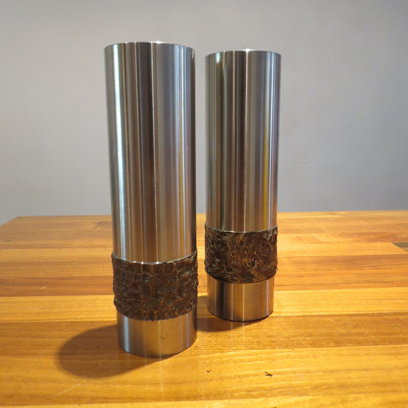 Pair of vintage Metal Brutalist Stainless Steel Vases German 1970s