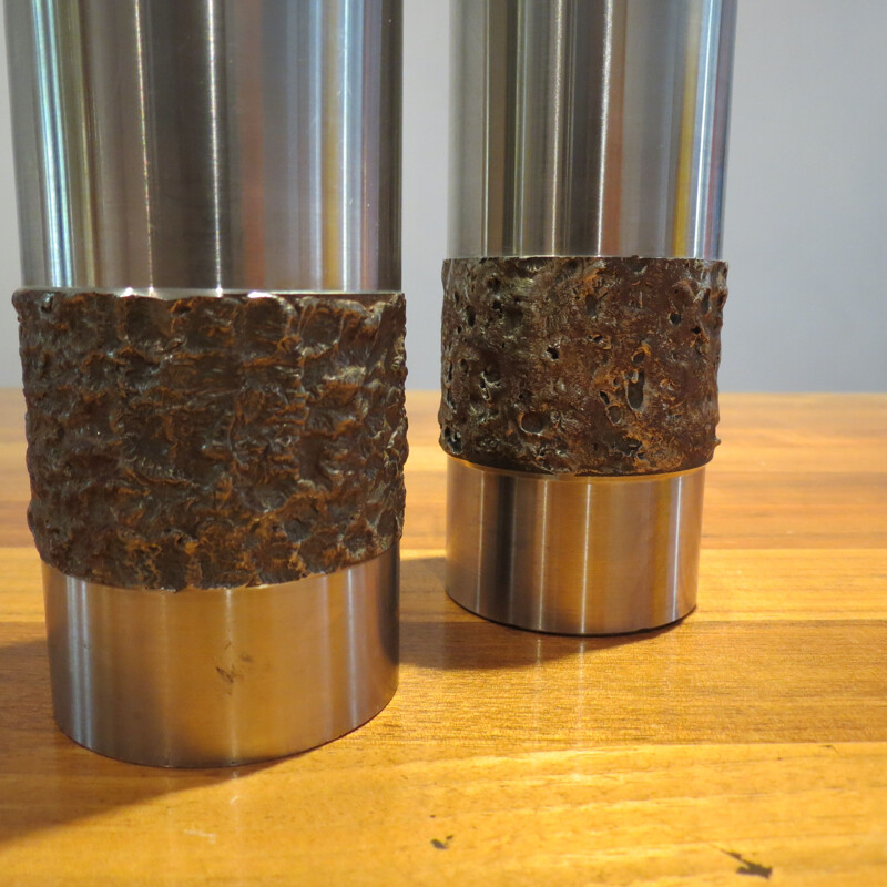 Pair of vintage Metal Brutalist Stainless Steel Vases German 1970s