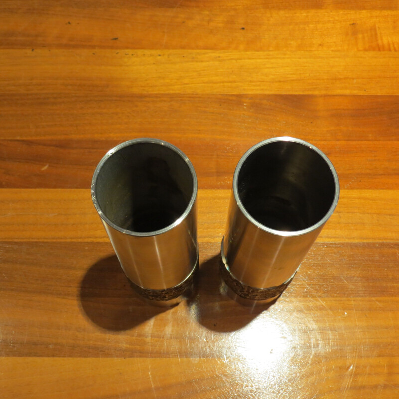 Pair of vintage Metal Brutalist Stainless Steel Vases German 1970s