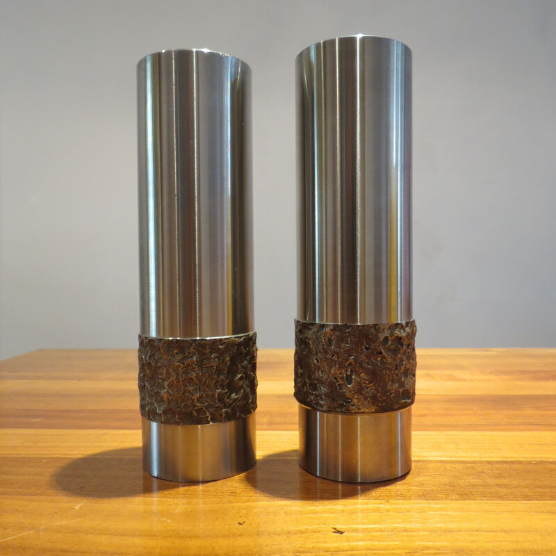 Paire de vases vintage en acier inoxydable Metal Brutalist allemand 1970