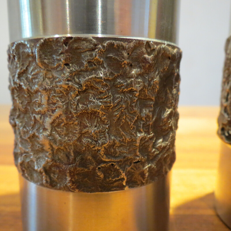 Pair of vintage Metal Brutalist Stainless Steel Vases German 1970s