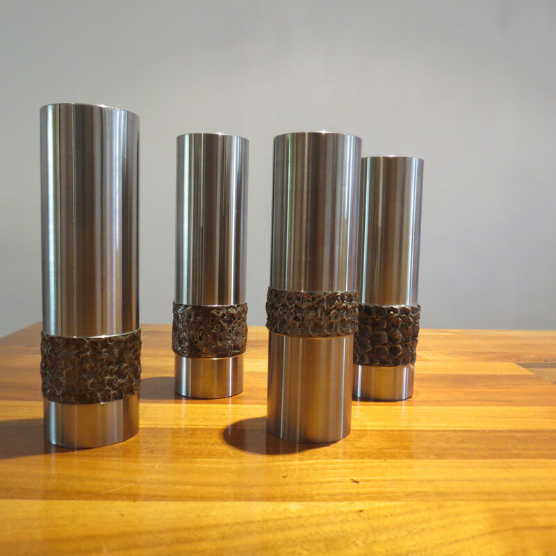 Pair of vintage Metal Brutalist Stainless Steel Vases German 1970s