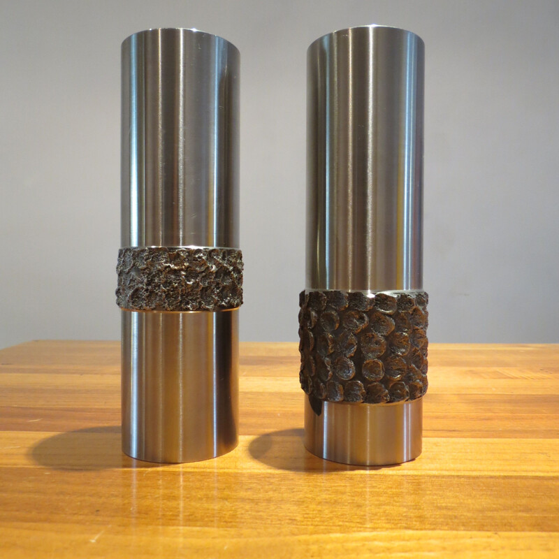 Pair of Vintage vases in brutal metal in German stainless steel 1970