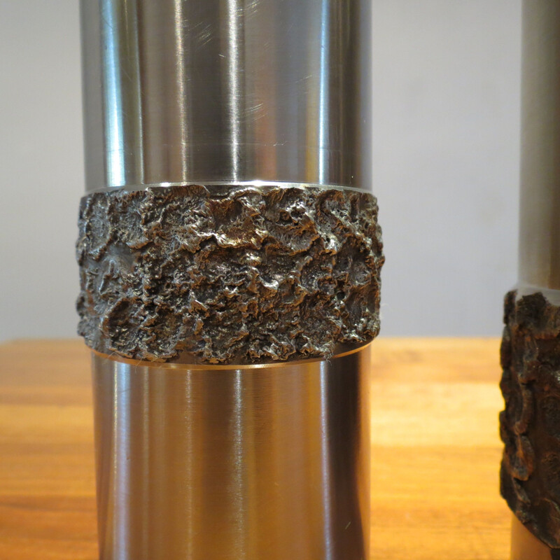 Paire de vases Vintage en métal brutal en acier inoxydable Allemand 1970