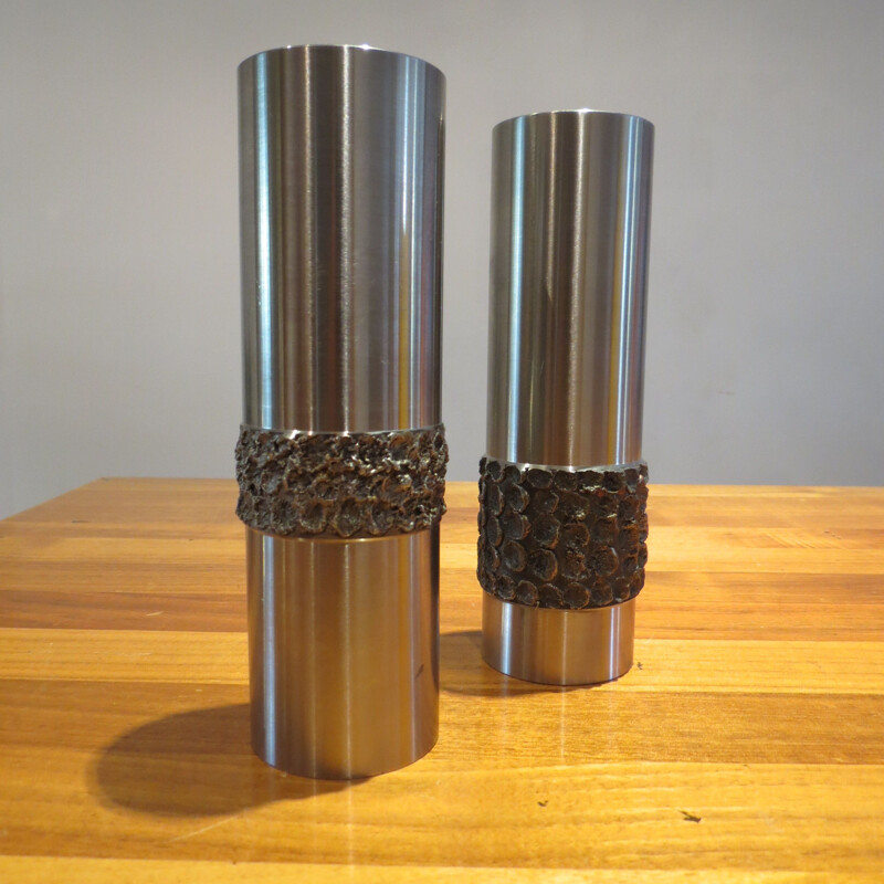 Pair of Vintage vases in brutal metal in German stainless steel 1970