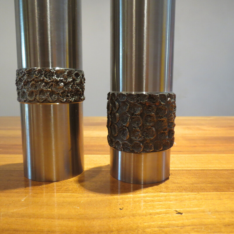 Pair of Vintage vases in brutal metal in German stainless steel 1970