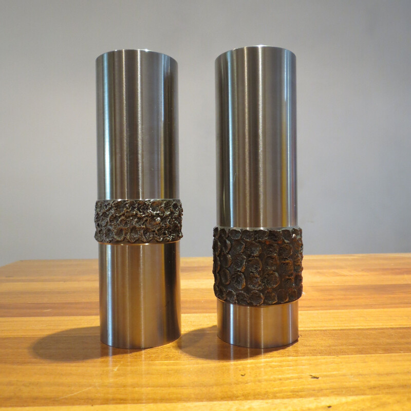Pair of Vintage vases in brutal metal in German stainless steel 1970