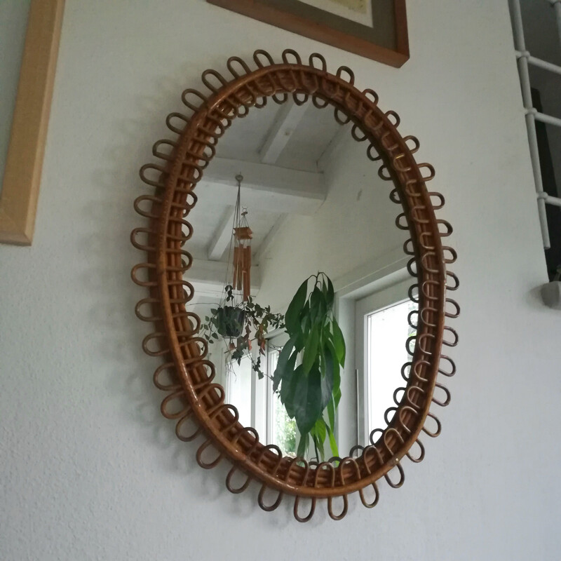 Oval rattan mirror mid century Italy - 1960s