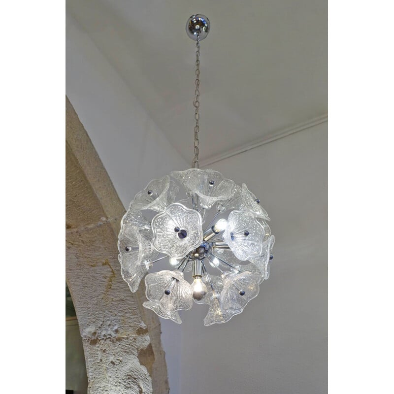 Paolo Venini Glass Flower Chromed Sputnik Chandelier for VeArt. 7 bulbs, 1960’s