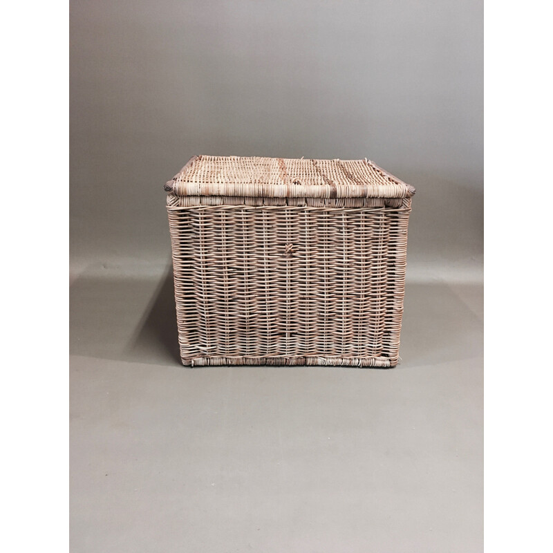 Large vintage organic rattan and leather trunk.