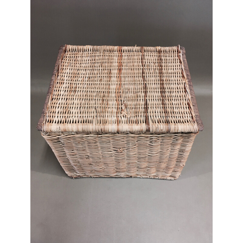 Large vintage organic rattan and leather trunk.