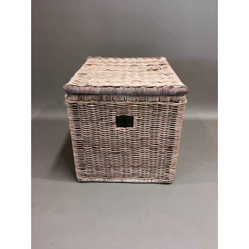 Large vintage organic rattan and leather trunk.