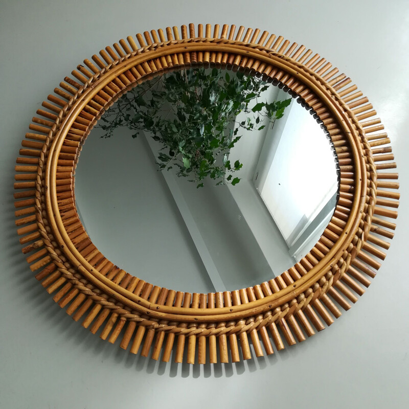 Vintage Round sunburst rattan mirror, Italy 1960s