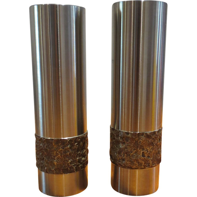 Pair of vintage Metal Brutalist Stainless Steel Vases German 1970s