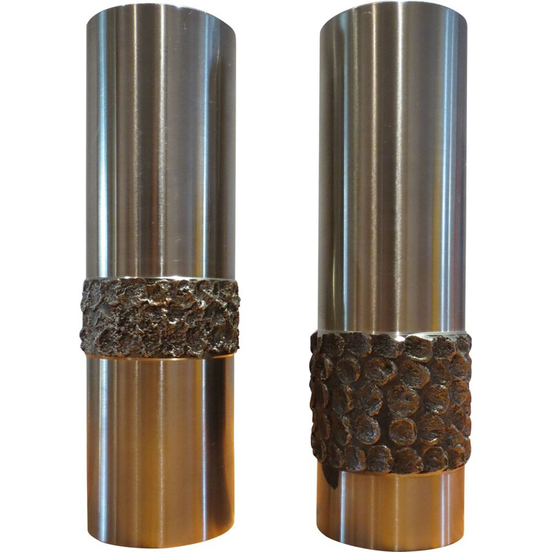 Pair of Vintage vases in brutal metal in German stainless steel 1970