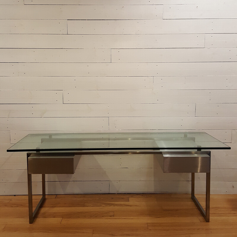 Stainless steel and glass desk, Patric MAFFEI - 1970s
