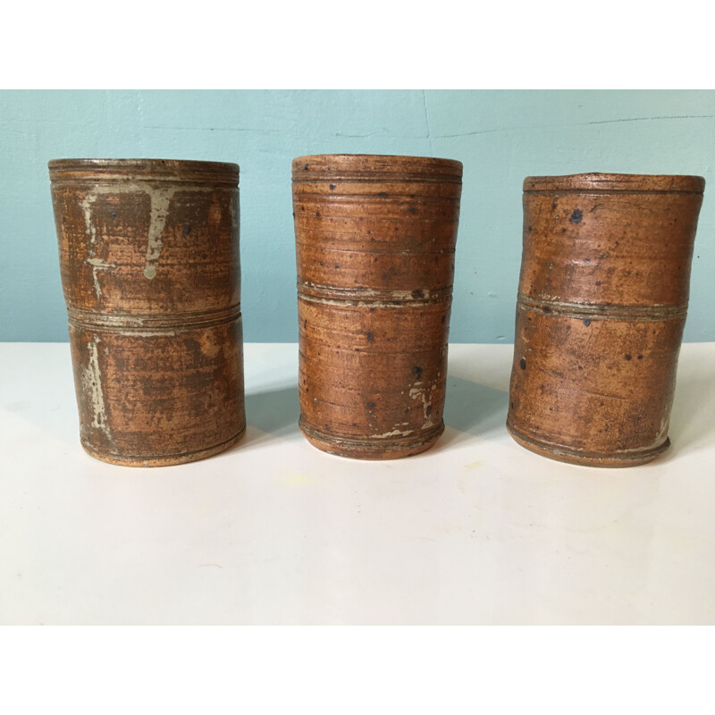 Set of 3 vintage stoneware tumblers by La Hulotte, 1960