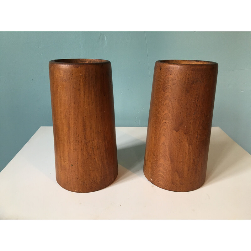 Pair of large vintage teak candlesticks, Scandinavian 1960s