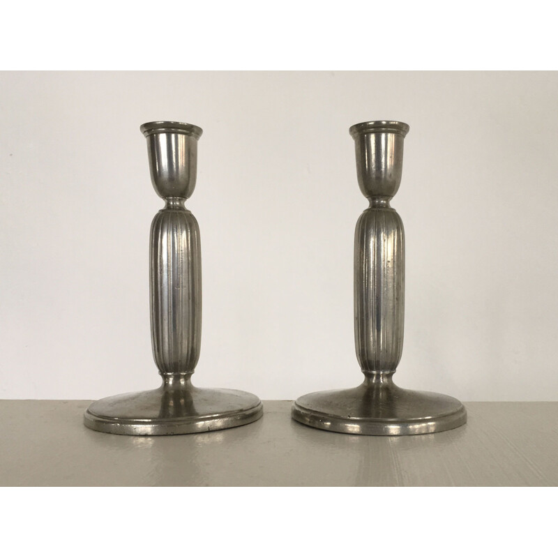 Paar vintage Art Deco tinnen kandelaars van Just Andersen