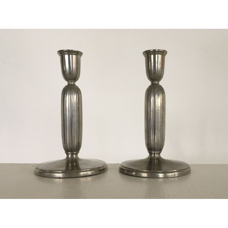 Pair of vintage Art Deco pewter candlesticks by Just Andersen