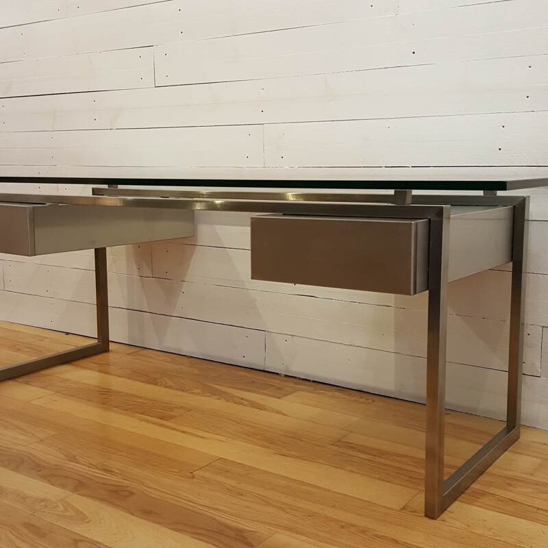 Stainless steel and glass desk, Patric MAFFEI - 1970s